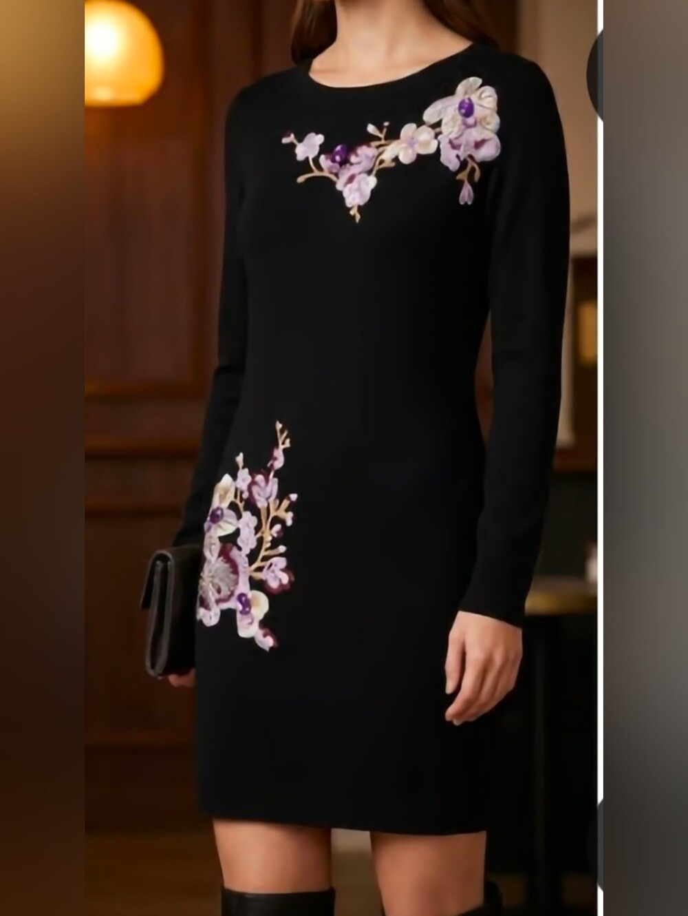 Black Floral Embroidered Long Sleeve Dress